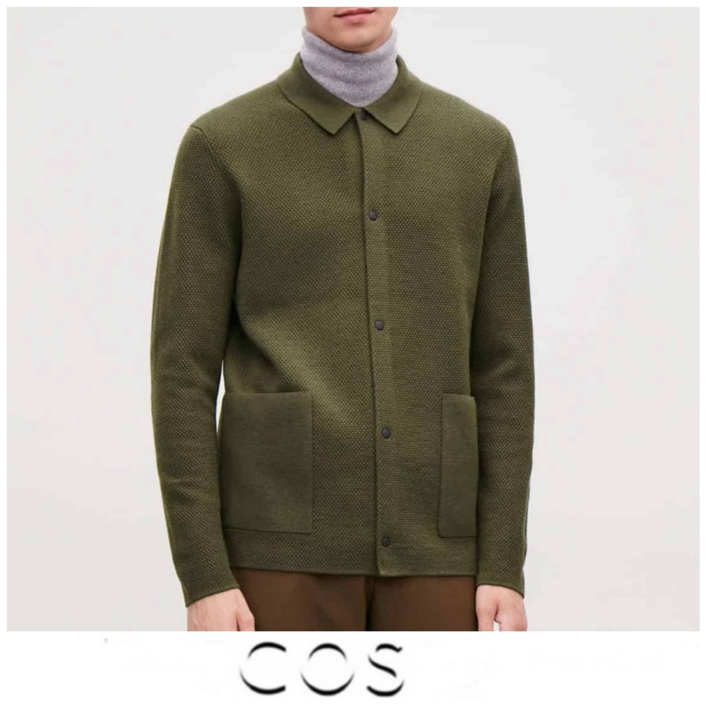 ♦️SOLD♦️COS Men’s Olive Green 100% Wool Textured Snap Closure Collared Sz M - Picture 1 of 3